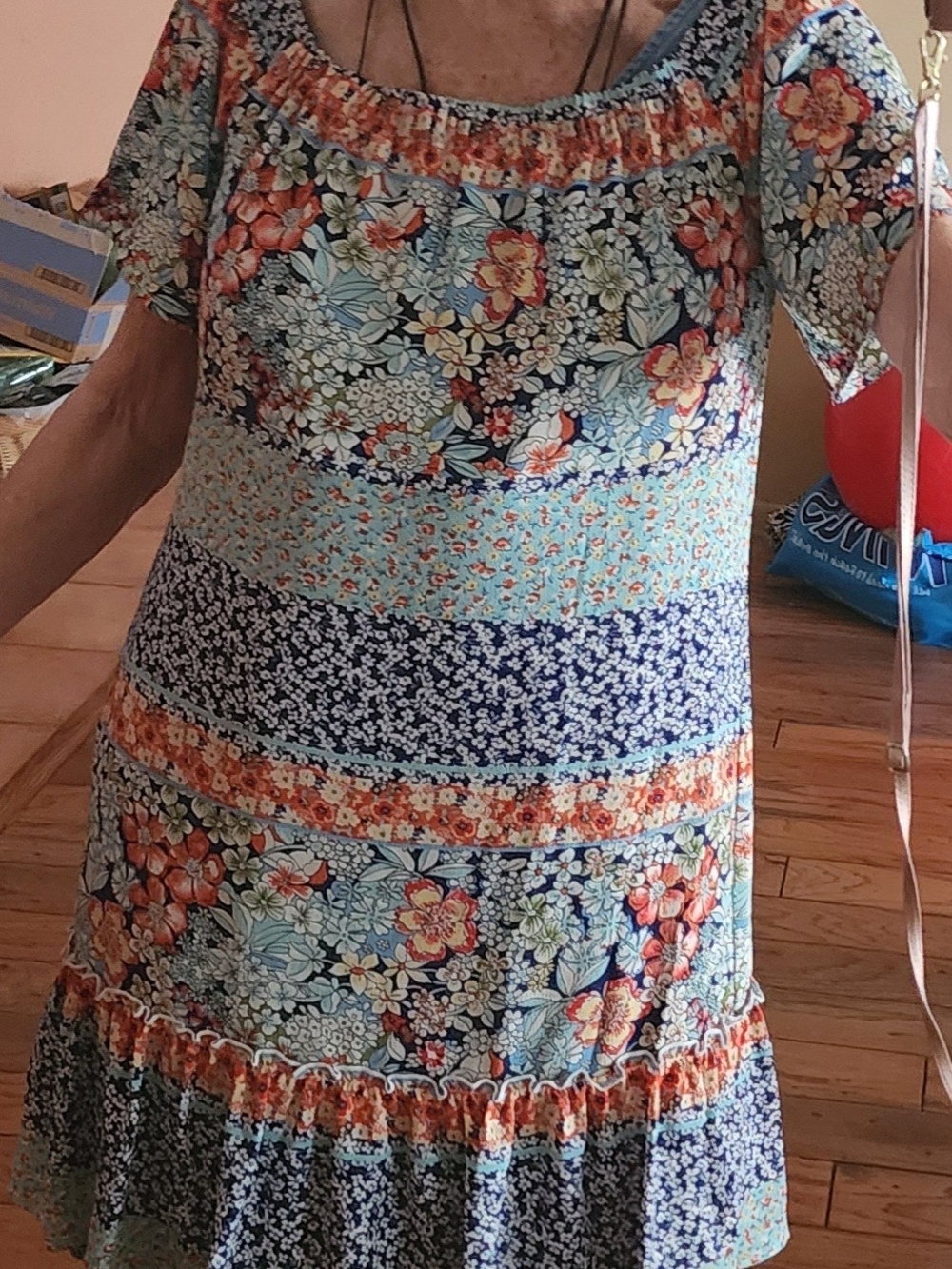 Floral Patchwork Short-Sleeve Women’s Dress - Blue & Coral